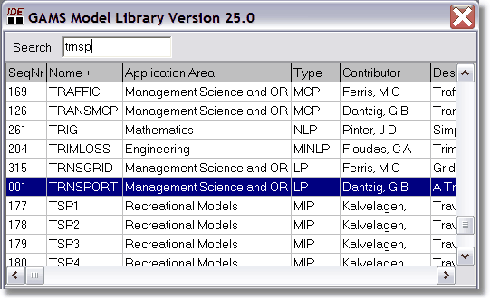 GAMS model library with TRNSPORT model selected