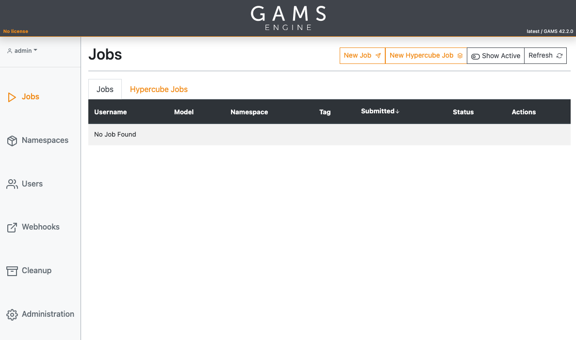 Components of the GAMS Engine web user interface